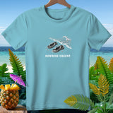Light blue t-shirt with flip-flops on a beach and the text 