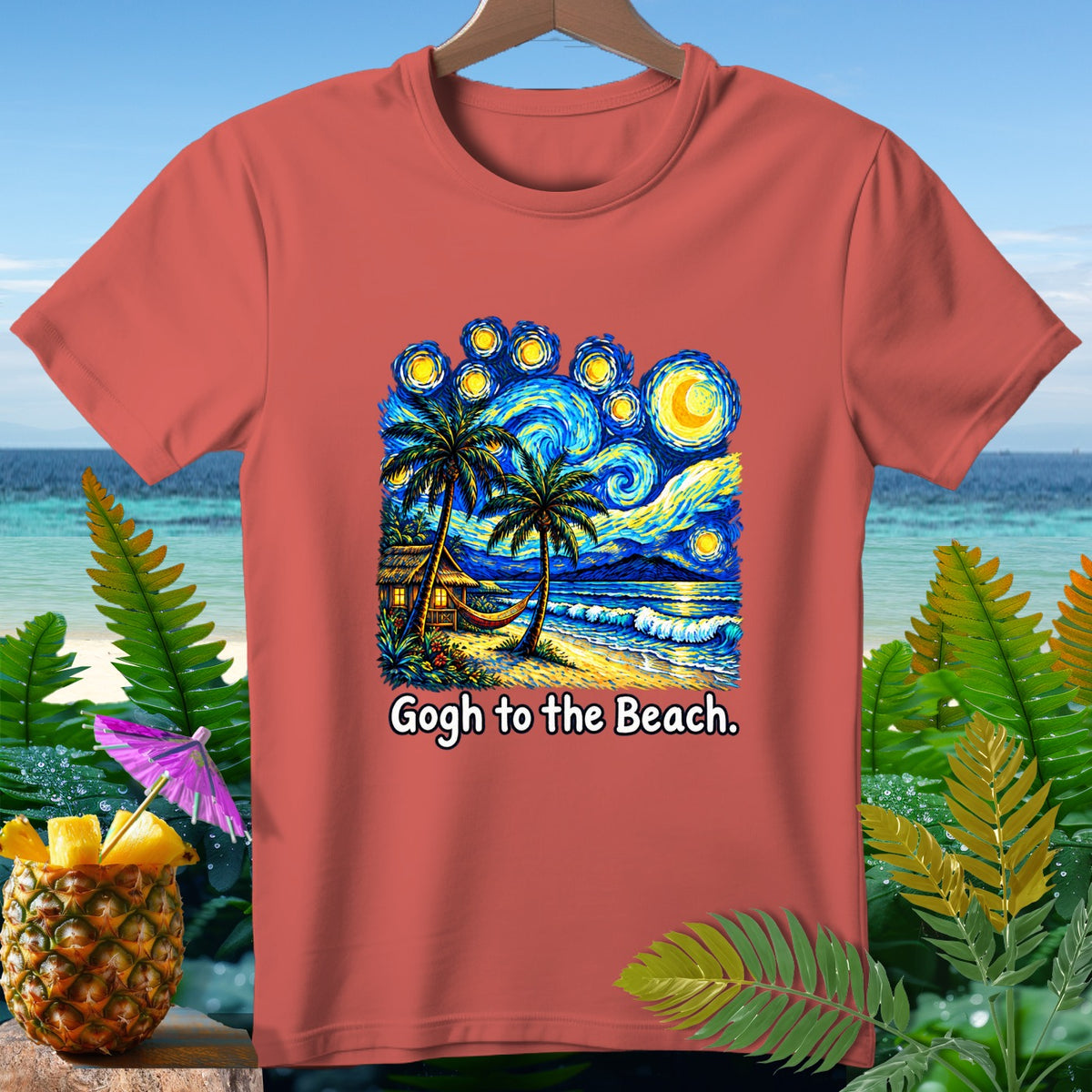 Salmon t-shirt with a Van Gogh-style beach scene and "Gogh to the Beach" text.