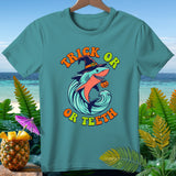 Teal t-shirt with shark wearing witch hat, text 