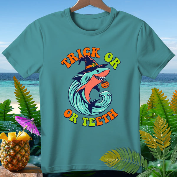 Teal t-shirt with shark wearing witch hat, text "Trick or Treat or Teeth".