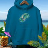 Teal hoodie with a gecko on a palm leaf and text 