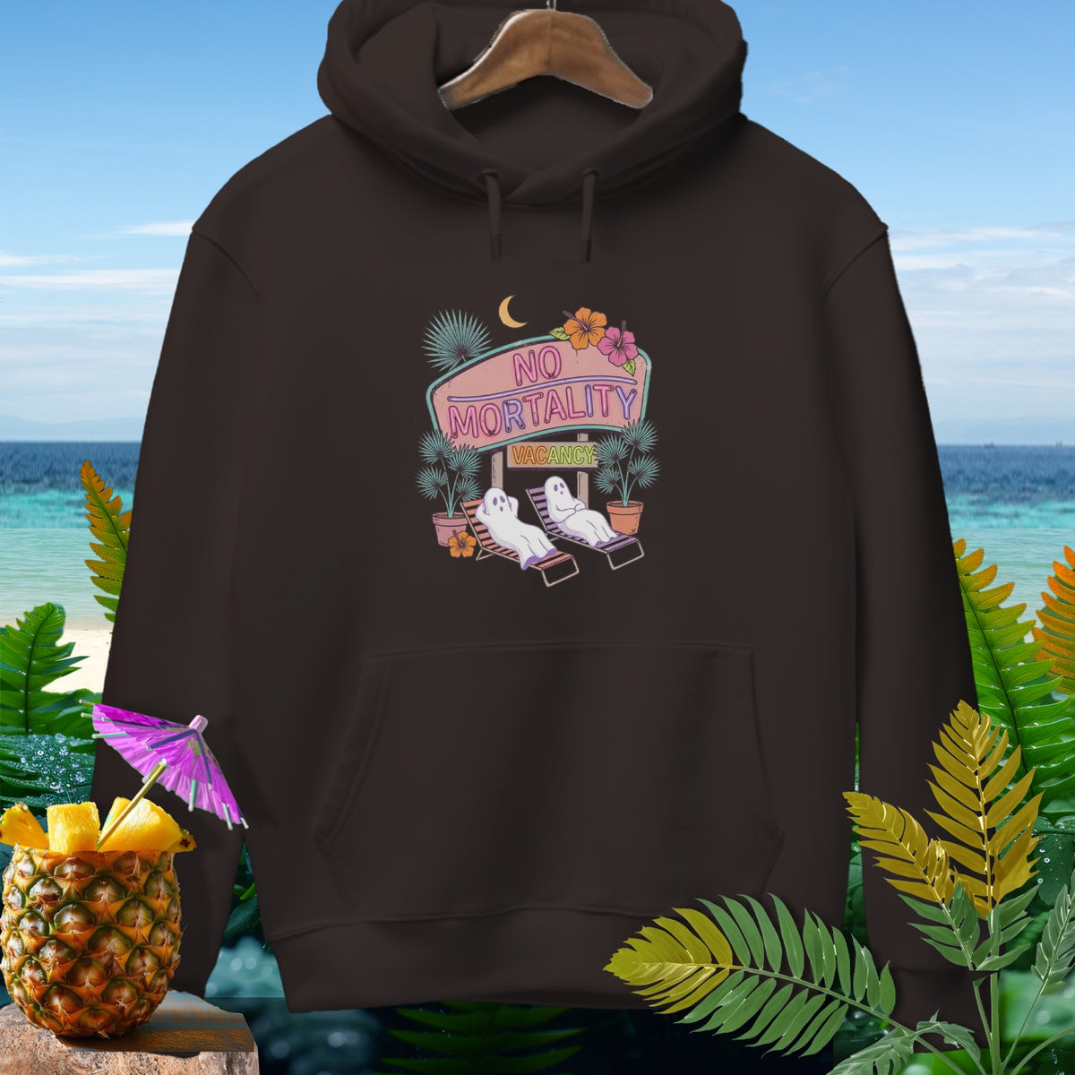 Brown hoodie with neon sign: "No Mortality Vacancy", two ghosts relaxing.