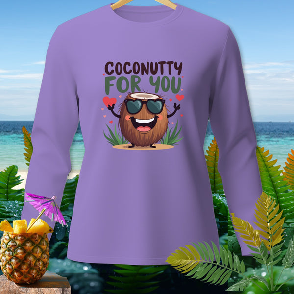 Purple long sleeve shirt with cartoon coconut saying "COCONUTTY FOR YOU".