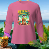 Pink long-sleeve shirt featuring a meerkat in sunglasses holding a drink with 