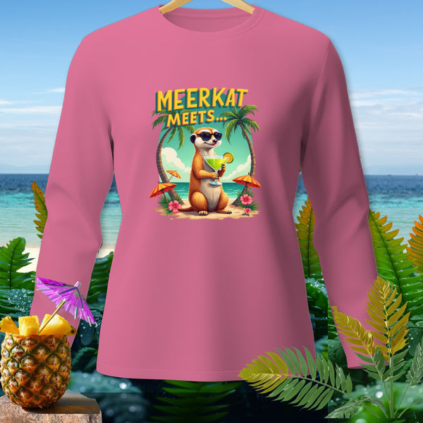 Pink long-sleeve shirt featuring a meerkat in sunglasses holding a drink with "MEERKAT MEETS..." text.