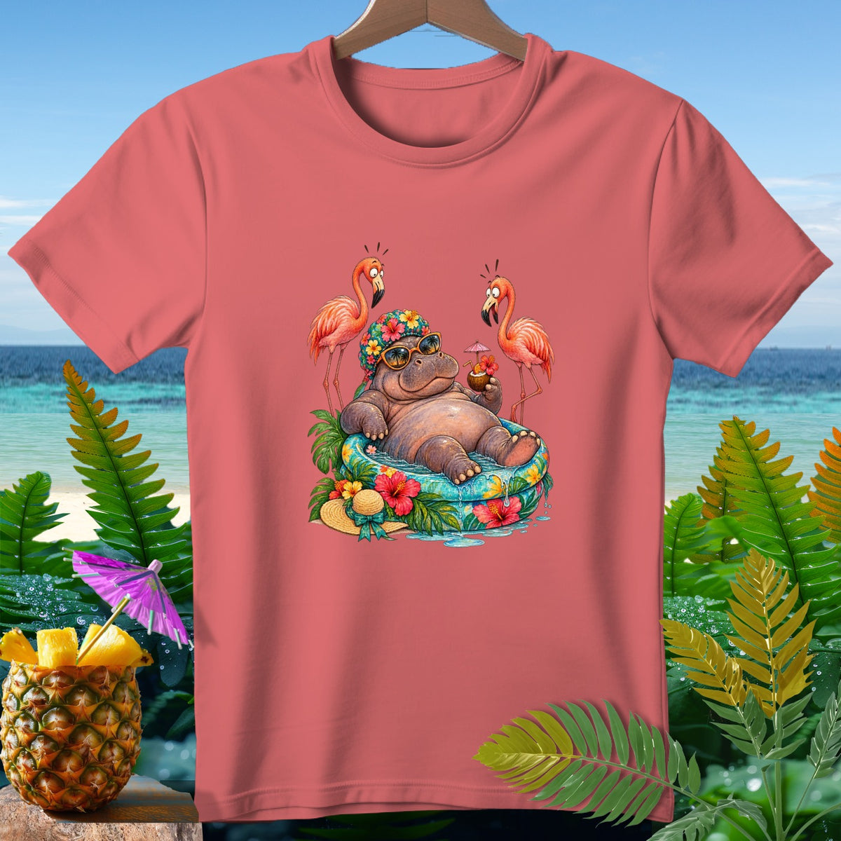 Cartoon hippo in a pool with flamingos and tropical drink on t-shirt.