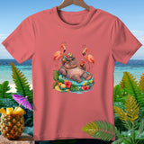 Cartoon hippo in a pool with flamingos and tropical drink on t-shirt.