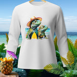 White long-sleeve shirt with two iguanas and a surfboard graphic, tropical background.