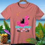Black cat in witch hat on flamingo float with moon, stars, fish, and coral.