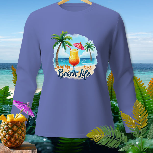 Long sleeve shirt with beach scene and "Livin' My Best Beach Life" text.