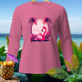 Pink long sleeve shirt with a neon pink flamingo and palm trees graphic.