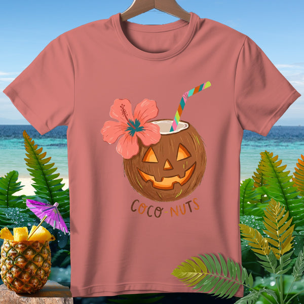 Coral t-shirt with jack-o'-lantern coconut, flower, straw, and text "COCO-NUTS".