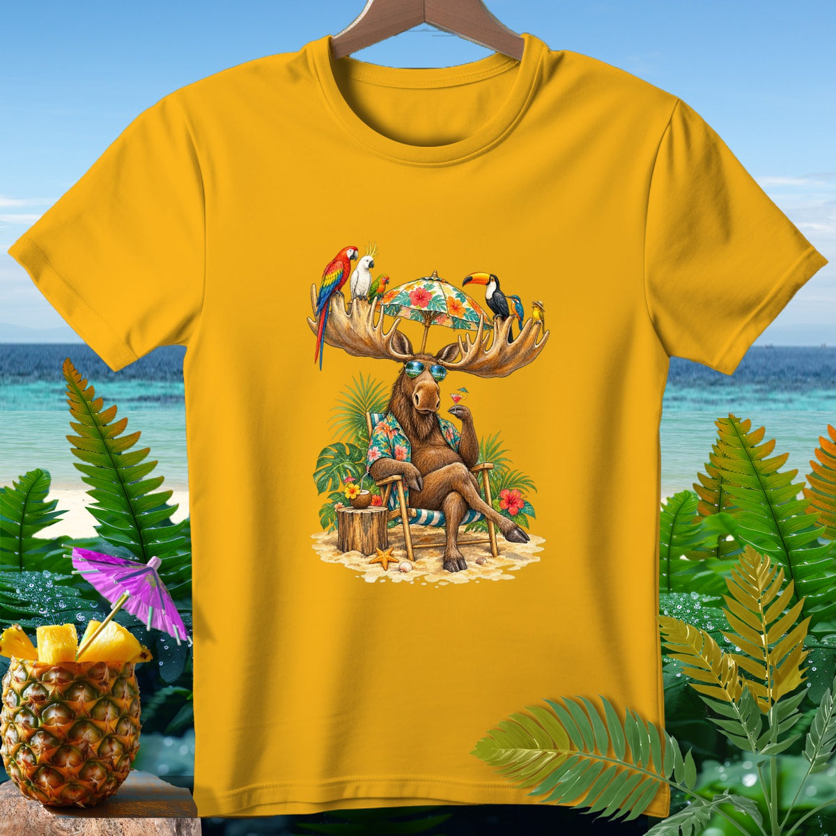 Moose wearing sunglasses and Hawaiian shirt relaxes on a beach with tropical birds.