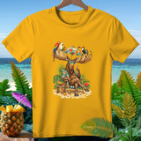 Moose wearing sunglasses and Hawaiian shirt relaxes on a beach with tropical birds.