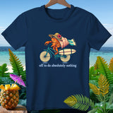 Lobster on bicycle with surfboard, wearing straw hat, text 