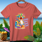 T-shirt with a colorful parrot, beach accessories, and text 