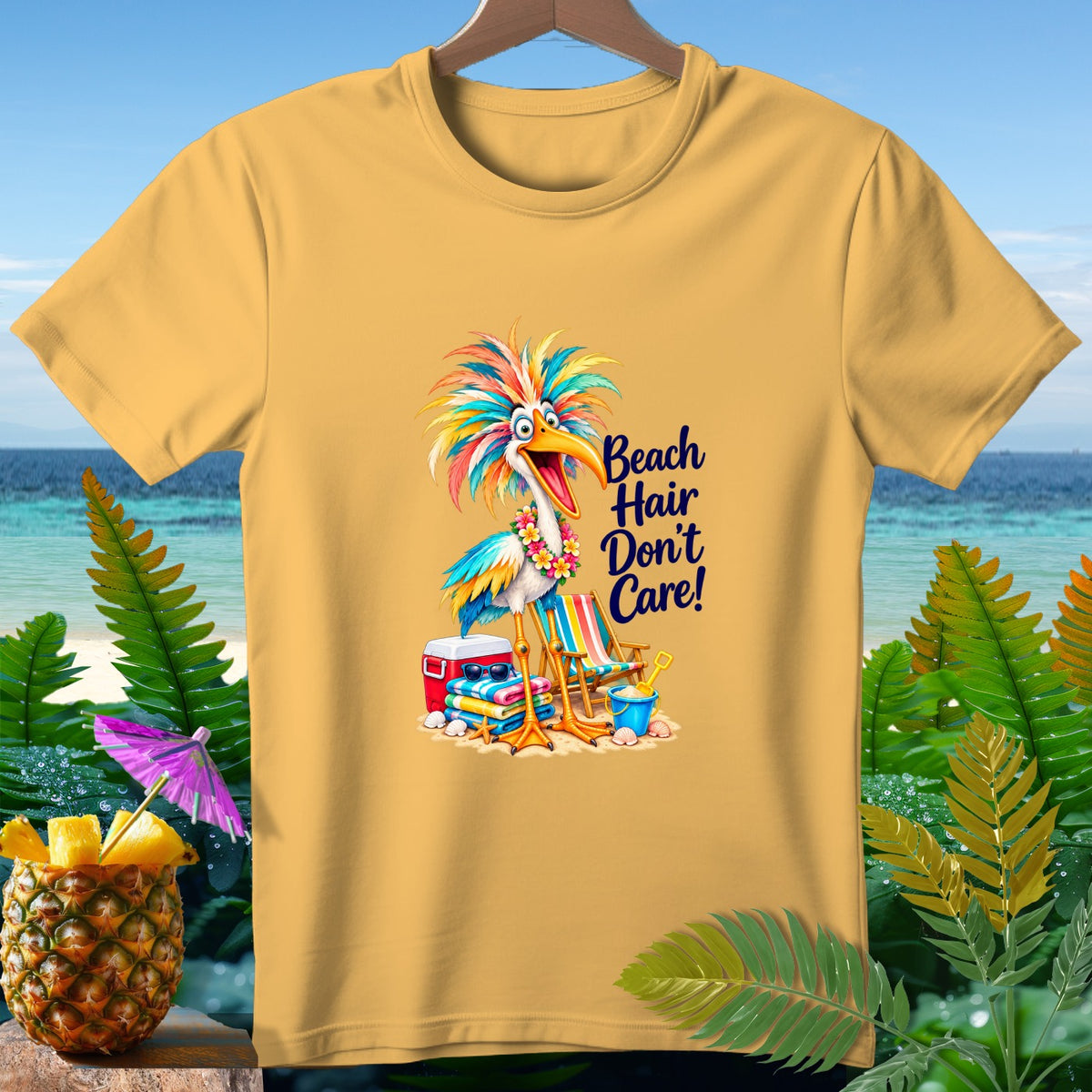 Yellow t-shirt with cartoon bird, beach chair, cooler, and "Beach Hair Don't Care!" text.