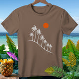 Brown t-shirt with white palm trees and an orange sun graphic.