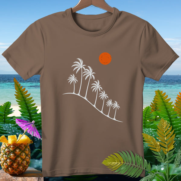 Brown t-shirt with white palm trees and an orange sun graphic.