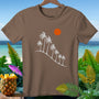 Brown t-shirt with white palm trees and an orange sun graphic.