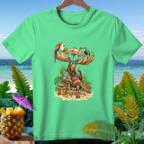 Moose wearing sunglasses and Hawaiian shirt relaxes on beach with tropical birds.