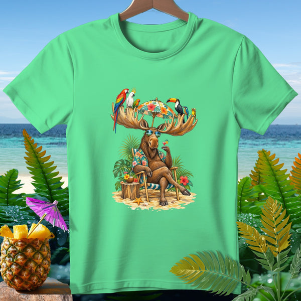 Moose wearing sunglasses and Hawaiian shirt relaxes on beach with tropical birds.