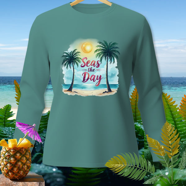 Teal long-sleeve shirt with "Seas the Day" graphic and tropical beach scene.