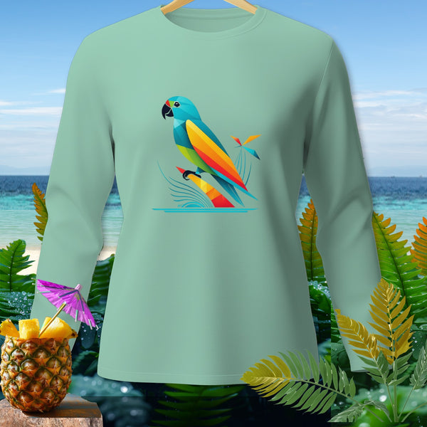 Light green long-sleeve shirt with colorful abstract parrot graphic on a beach background.