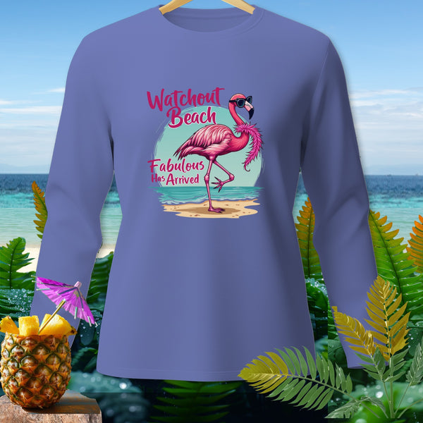 Purple long-sleeve shirt with a flamingo design and text "Watchout Beach Fabulous Has Arrived".