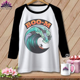 Baseball tee with a wave graphic featuring ghosts and a surfer, with 