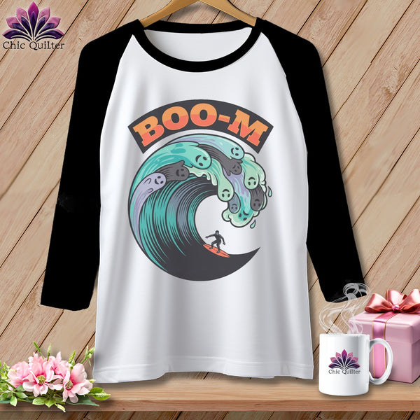 Baseball tee with a wave graphic featuring ghosts and a surfer, with "BOO-M" text.