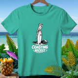 Teal t-shirt with a parrot on a surfboard and the text 