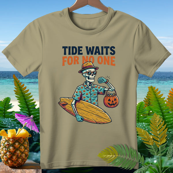 Skeleton with surfboard and candy bucket, text "TIDE WAITS FOR NO ONE".