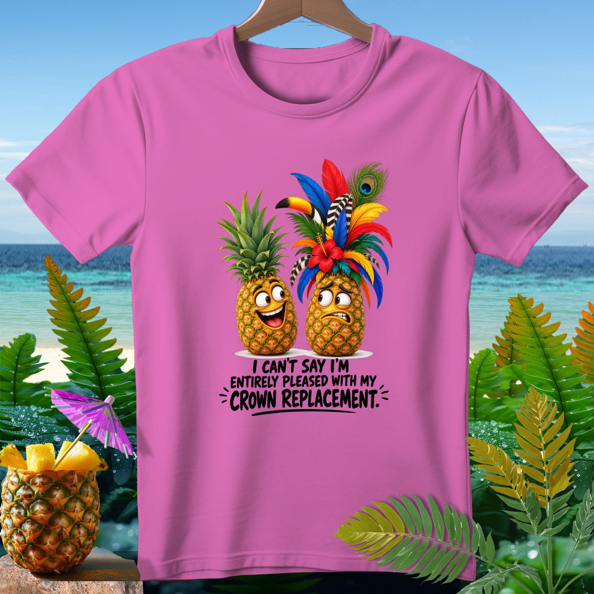 Pink t-shirt with two pineapples, one happy, one worried, and text.