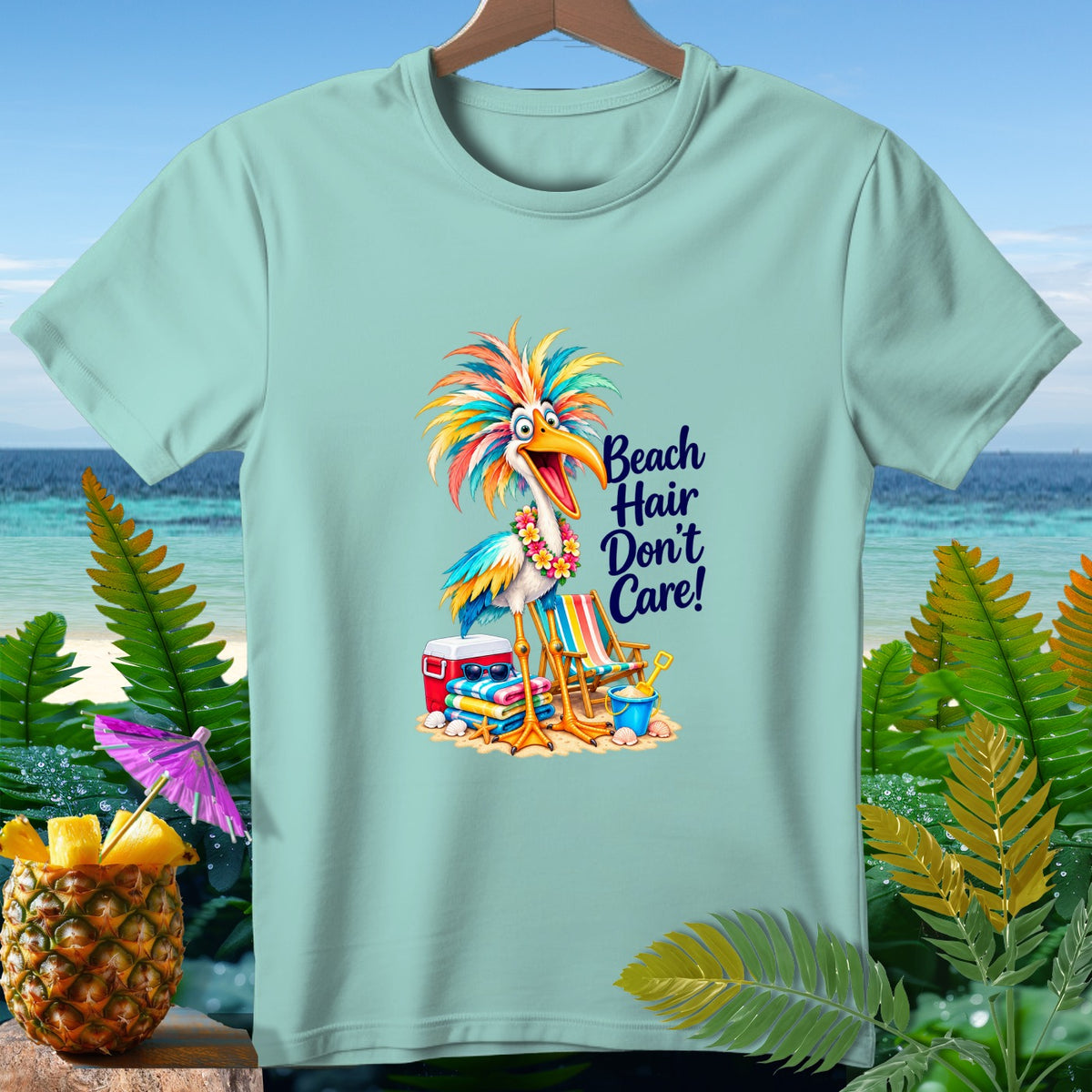 Light blue t-shirt with colorful cartoon bird and "Beach Hair Don't Care!" text.