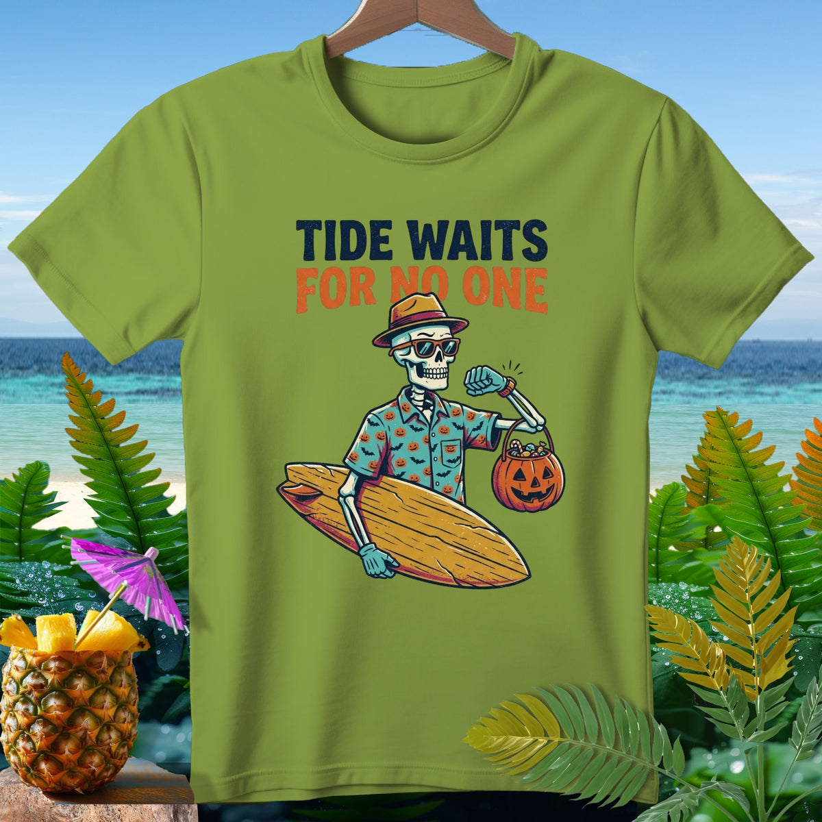 Skeleton in hat and sunglasses holding surfboard and pumpkin bucket, text "TIDE WAITS FOR NO ONE".