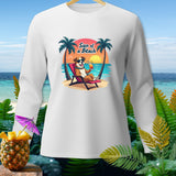 White long-sleeve shirt with cartoon dog on beach chair, text 
