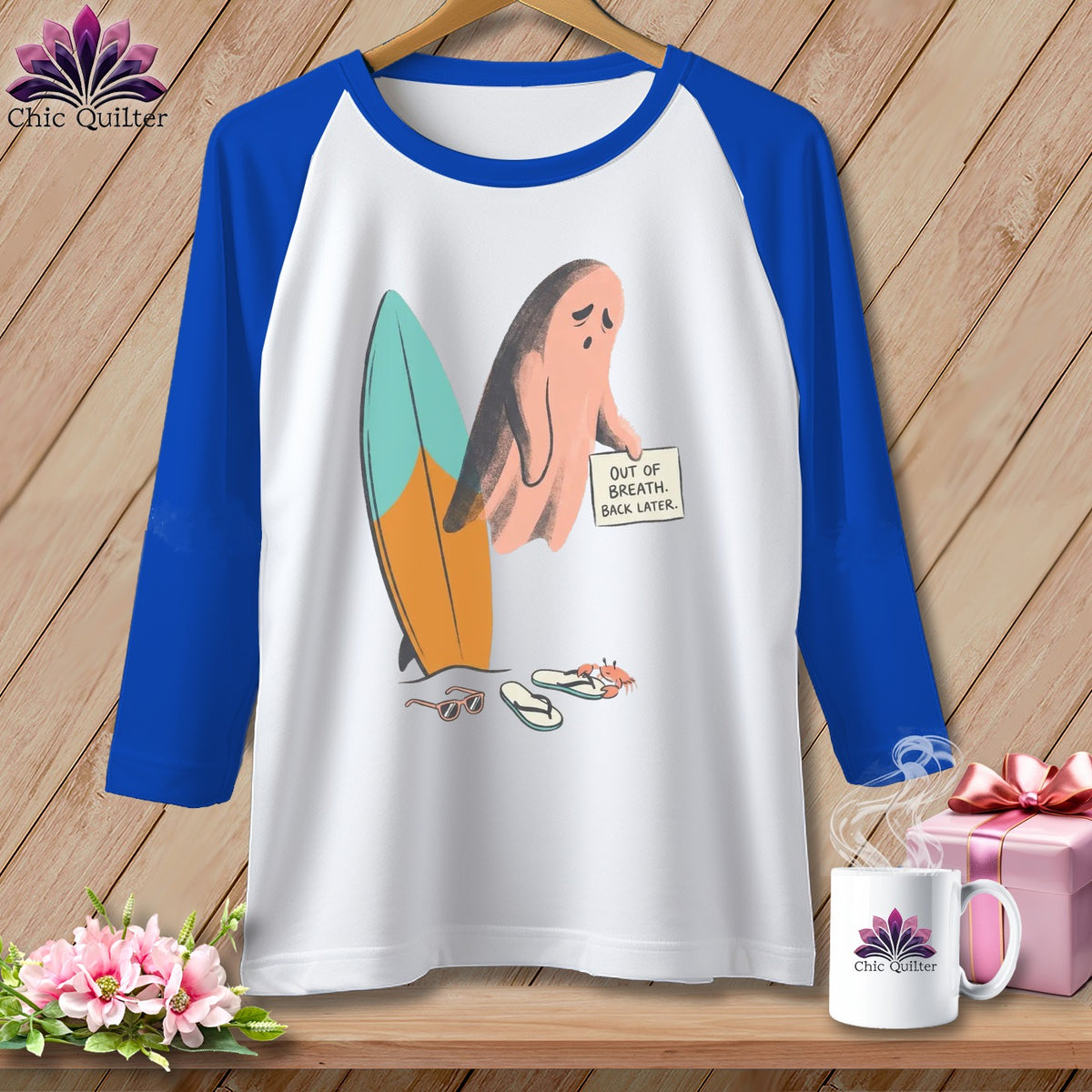 Baseball tee with a sad ghost holding "Out of Breath. Back Later." sign.