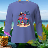 Purple long-sleeve shirt with flamingos, beach chairs, and text 