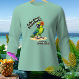 Light green long-sleeve shirt with a parrot graphic and beach-themed text.