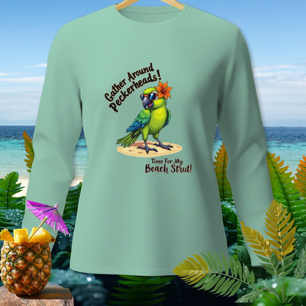 Light green long-sleeve shirt with a parrot graphic and beach-themed text.