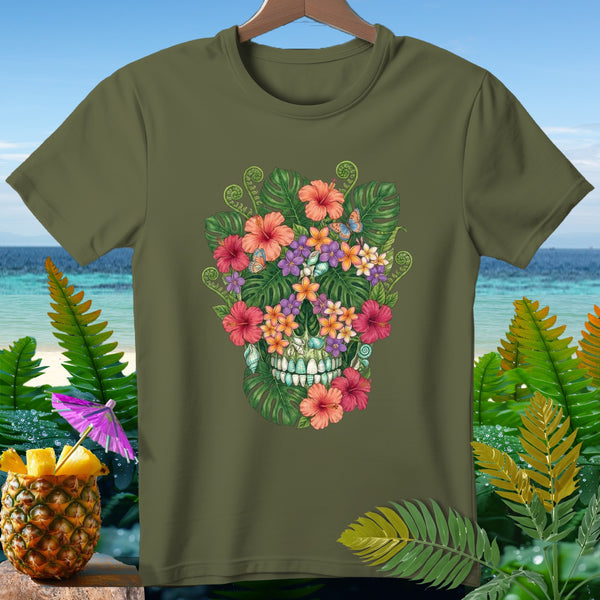Green t-shirt featuring a floral skull with butterflies and tropical leaves.