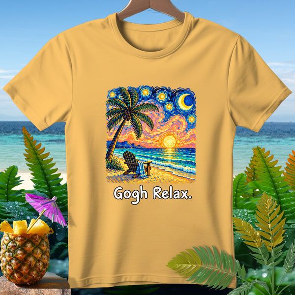 Yellow t-shirt with a Van Gogh-inspired beach scene and text "Gogh Relax."