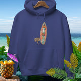 Navy hoodie with a surfboard graphic featuring Halloween and surf elements.