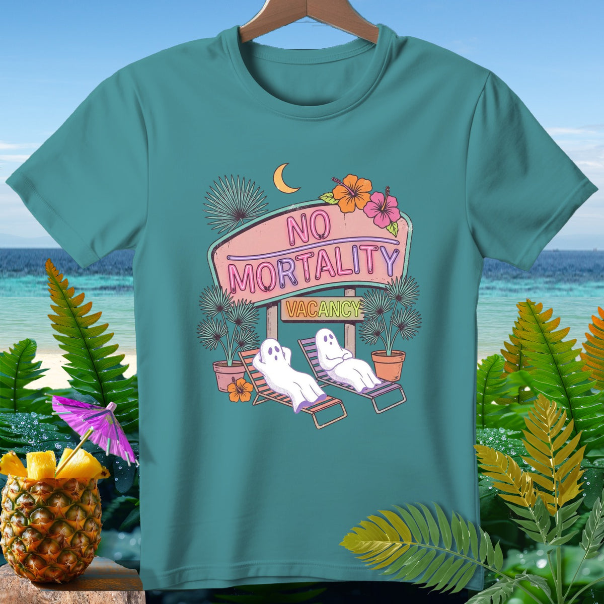 T-shirt with "No Mortality Vacancy" neon sign and ghosts on beach chairs.