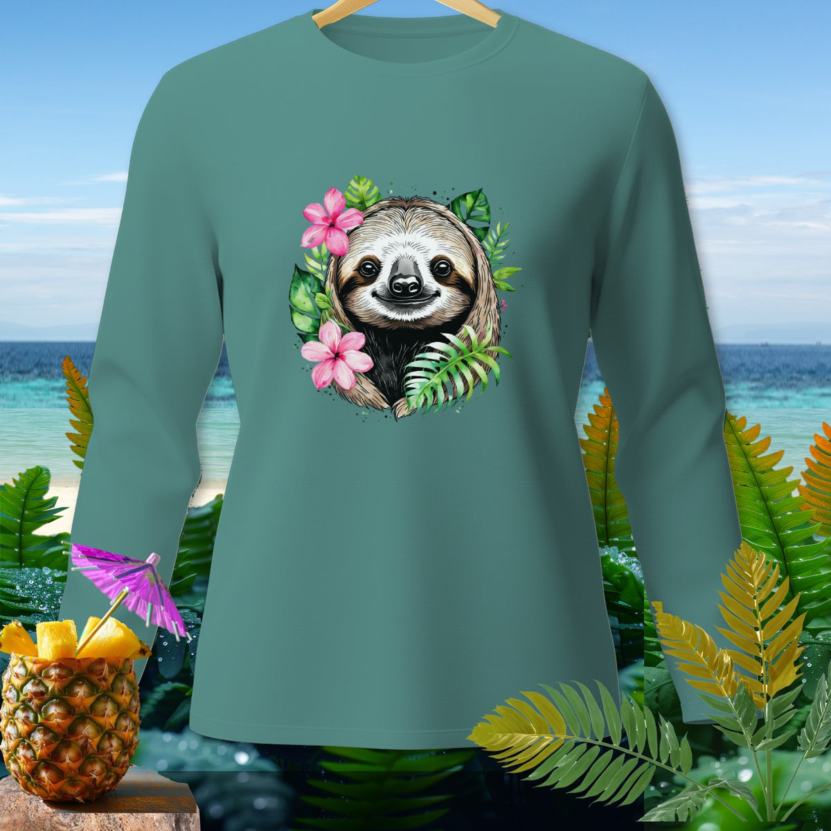 Long sleeve teal shirt with a sloth and floral graphic on the front.