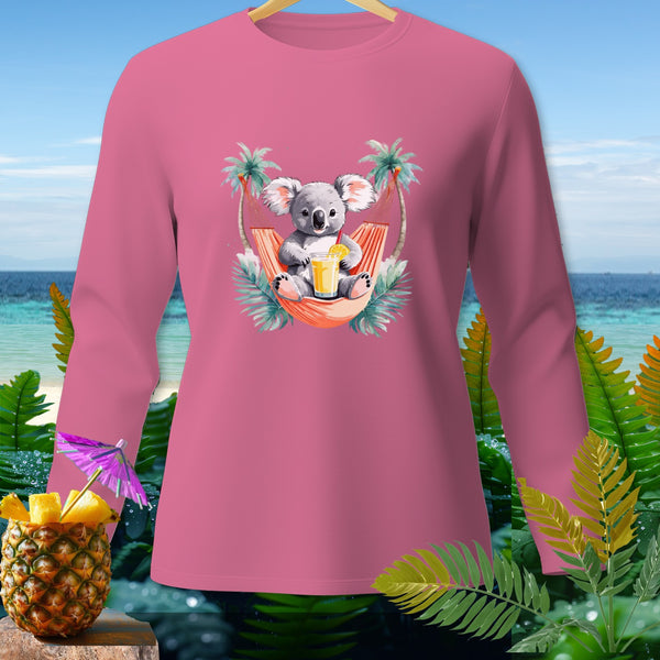 Pink long-sleeve shirt with a graphic of a koala in a hammock drinking juice.