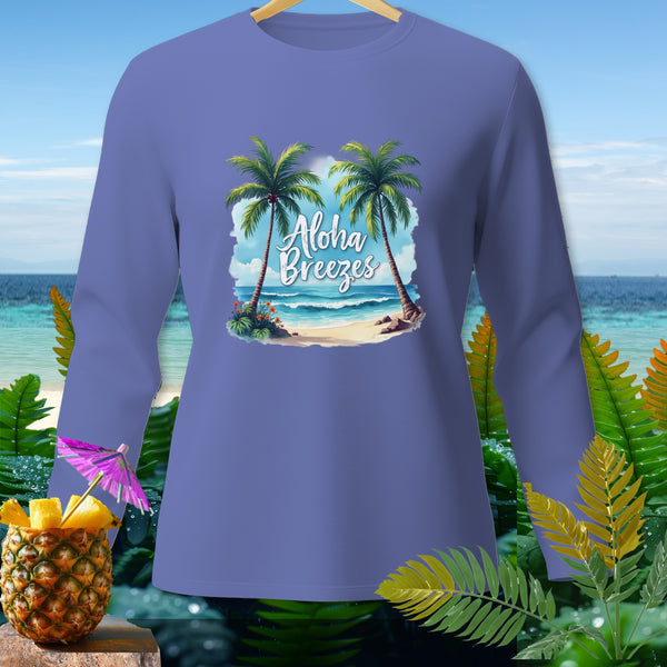 Purple long-sleeve shirt with "Aloha Breezes" text and a beach scene graphic.