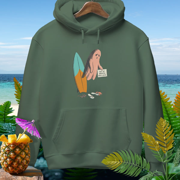 Ghost with surfboard and sign saying "Out of Breath. Back Later."