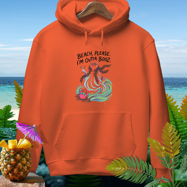 Orange hoodie with "BEACH, PLEASE. I'M OUTTA BOOZ." graphic and tropical elements.